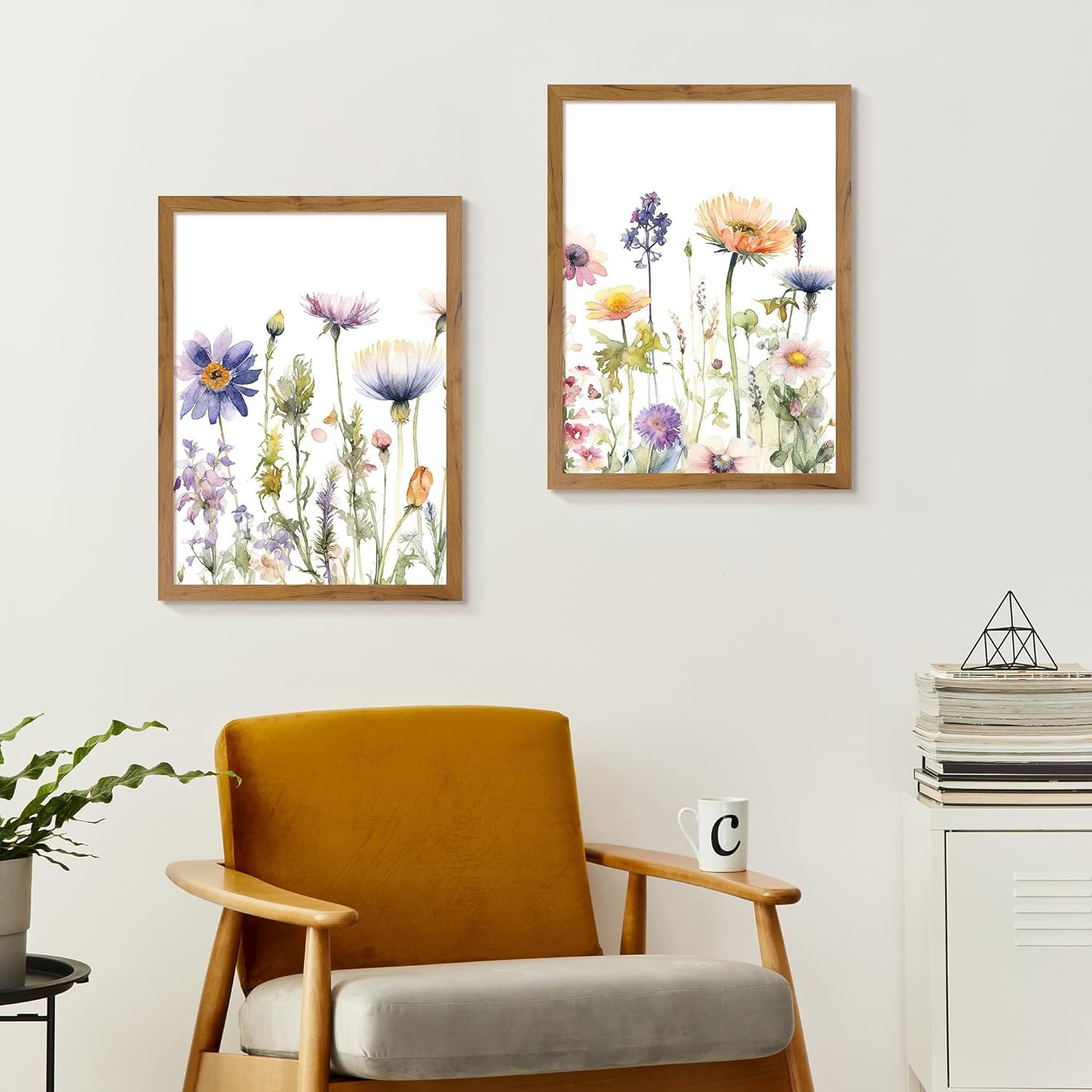 Gardenia Art Framed Watercolor Wildflower Pictures Canvas Wall Art Purple Daisy Flower Green Leaves Art Painting Colorful Plant Decor for Farmhouse Living Room Bedroom Bathroom Girls Room 2 Pieces Set