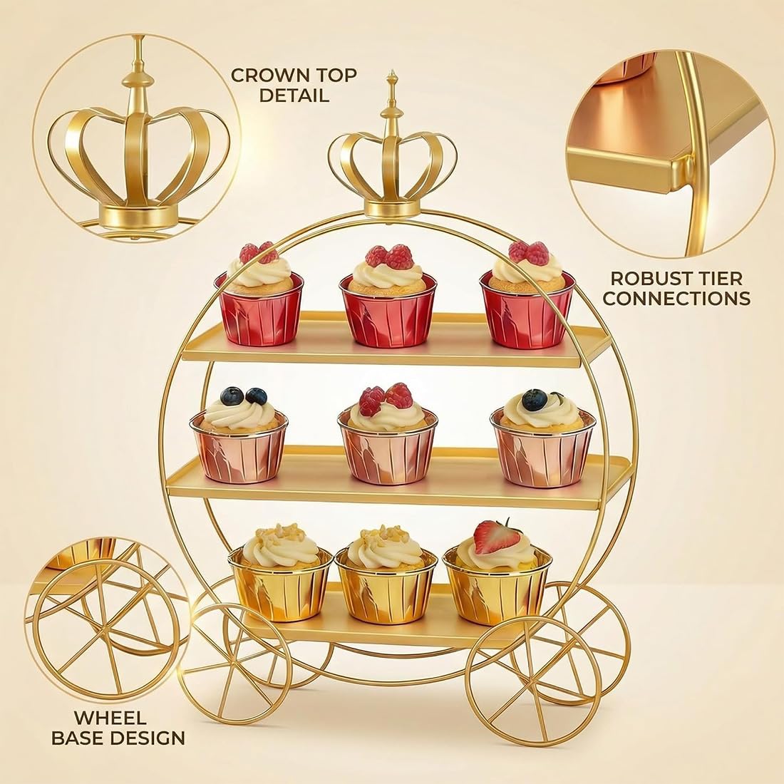 Soporte para pasteles con forma de carruaje corona de 3 niveles, bandeja para servir dulces y galletas de varios niveles, expositor de torre de postres con tazas gruesas para pasteles (Gold)