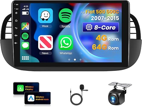 [8 CORE 4G+64G] Car Radio for Fiat 500 500C 2007-2015 with Wireless Carplay/Android Auto, 9 Inch Touch Screen with GPS, WiFi, SWC, DSP+Backup Camera