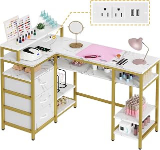 DWVO L Shape Nail Desk for Nail Tech - Spacious Manicure Table with Built-in Charging Station, Marbling Texture Manicure Station for Home, Beauty Salon Spa