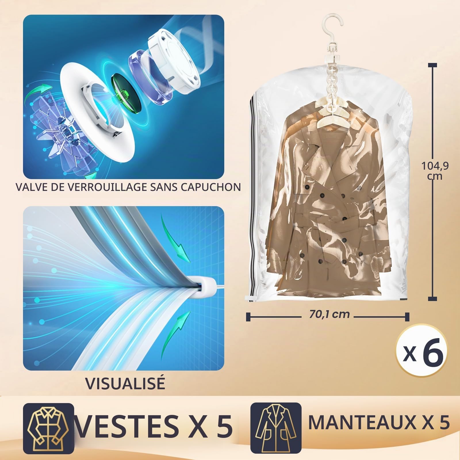 TAILI Sacs de Rangement sous Vide Suspendus pour vêtements, 6 paquets (105x70cm), Housse sous Vide pour costumes, manteaux, vestes, organisateur de placard Sacs à Suspendre