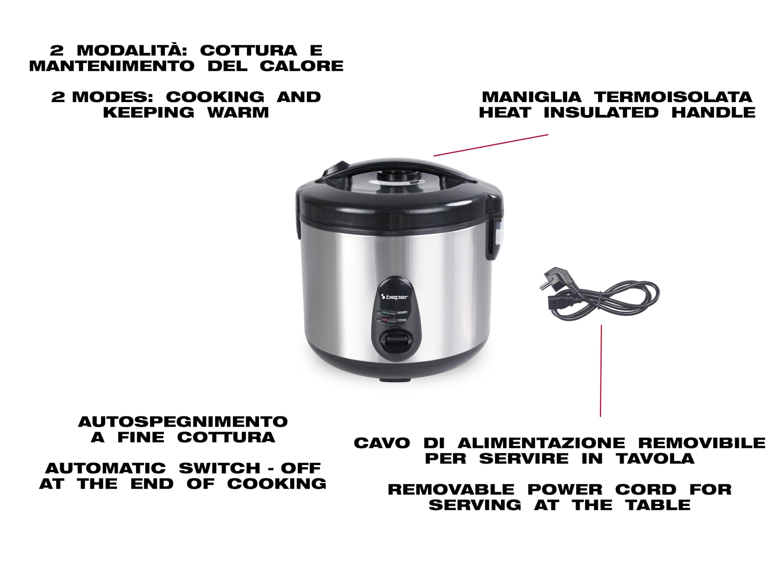 BEPER P101VAP002 Olla arrocera eléctrica con función de conservación del calor, capacidad de 625 g, revestimiento antiadherente, tapa con junta de silicona y bandeja para cocinar al vapor.