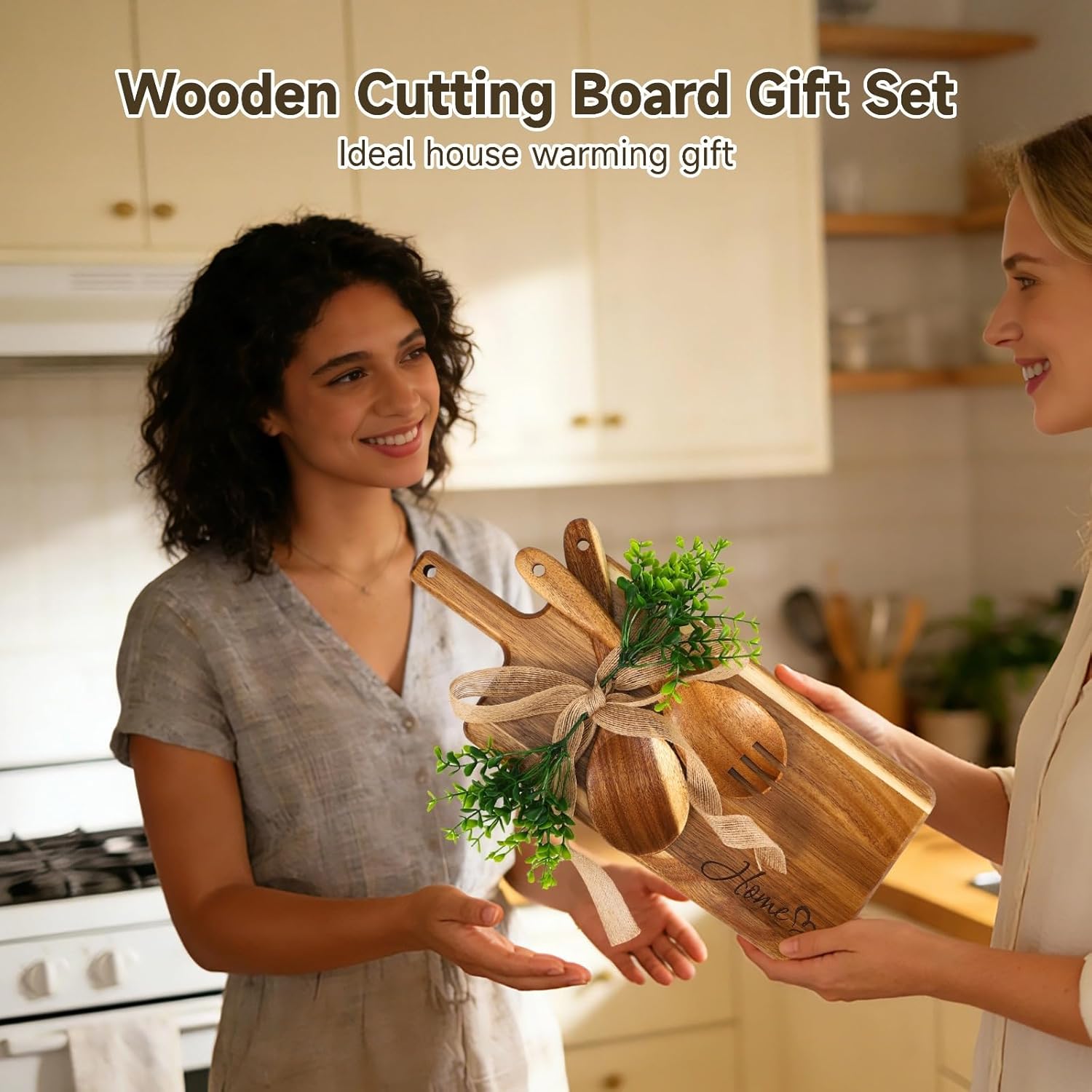 Solid Wood Cutting Board Set, Kitchen Chopping & Serving Platter, Includes Salad Spoon & Fork, Idea Gift For Housewarming, Wedding Or New Home