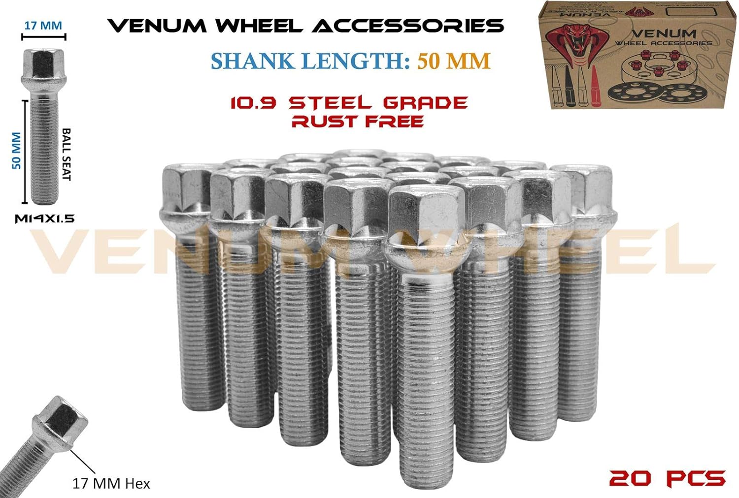 Venum wheel accessories 20Pc Zinc Rust Resistant M14x1.5 Ball Seat Lug Bolts 50 mm Extended Shank Length Radius Works with Volkswagen Audi Mercedes Benz Porsche Vehicle W/Factory Wheels