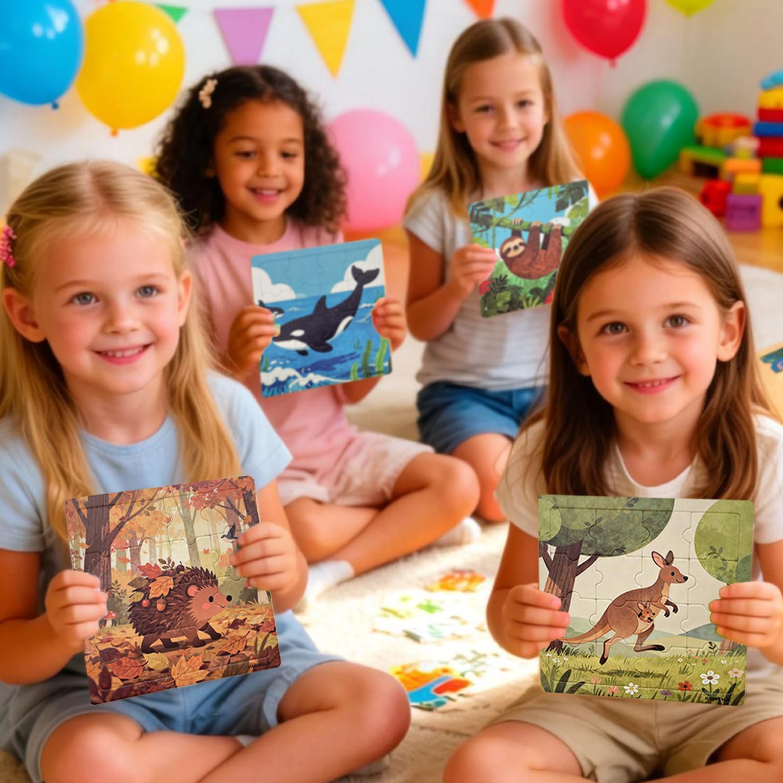 Puzzles para Niños, Pack de 24 Puzzles 16 Piezas con Base, Puzzle Animal Envuelto Individualmente Juguete Educativo para Regalos Fiesta Cumpleaños Premios Clase