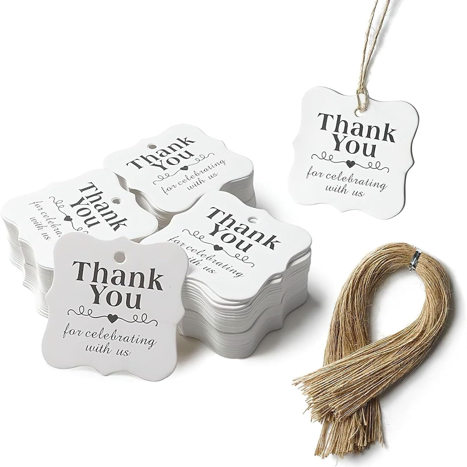 SallyFashion 150 PCS Thank You White Gift Tags with String, 2 x 3 Inches Paper Gift Tags for Party Favors Weddings, Bridal and Baby Showers Birthdays