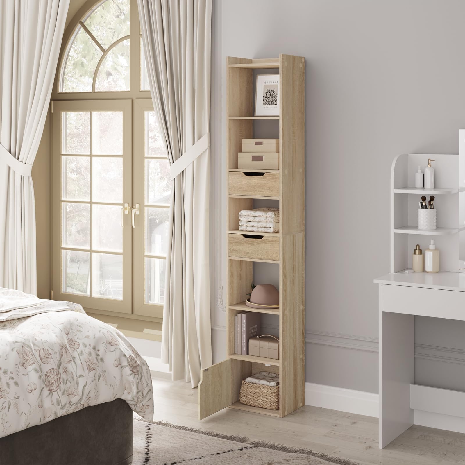 WOLTU Libreria Verticale Autoportante, Scaffale Salvaspazio, Libreria Stretta e Alta, con 2 Cassetti, 6 Ripiani Aperti e 1 Scomparto con Anta, in Legno, Rovere Chiaro, SK042hei