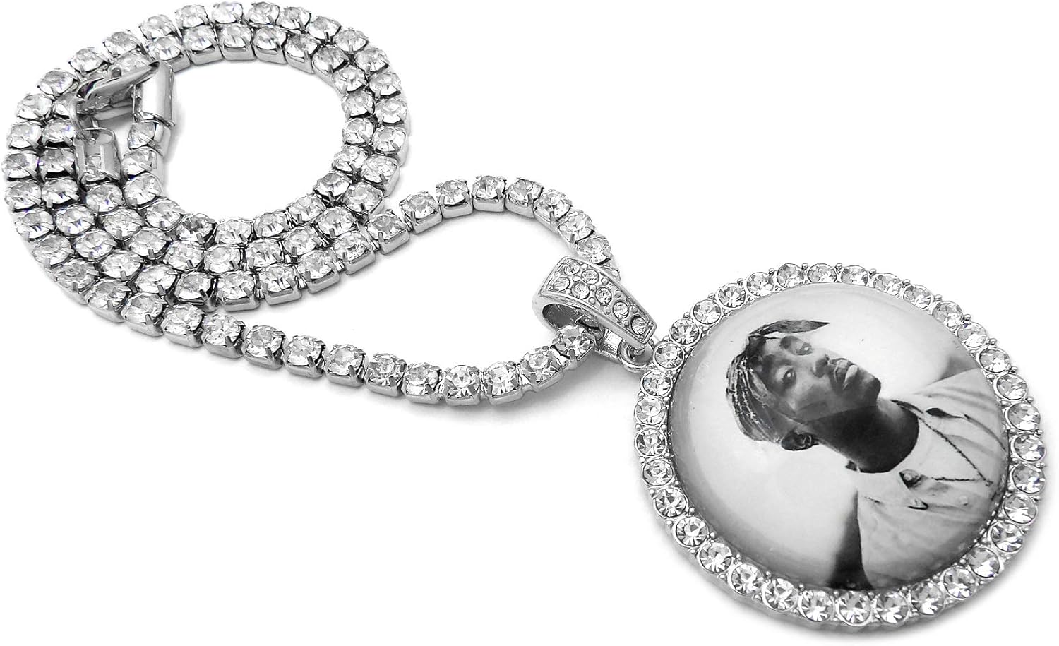 Iced Hip Hop White Gold PT 2Pac Picture Frame Pendant & 18" 1 Row Bling Rhinestone Chain Fashion Necklace - Image 3