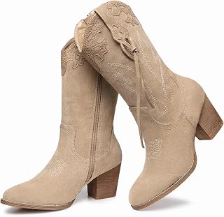 SHIBEVER Women's Cowboy Cowgirl Boots: Suede Western Mid Calf High Heel Zipper Booties with Embroidery