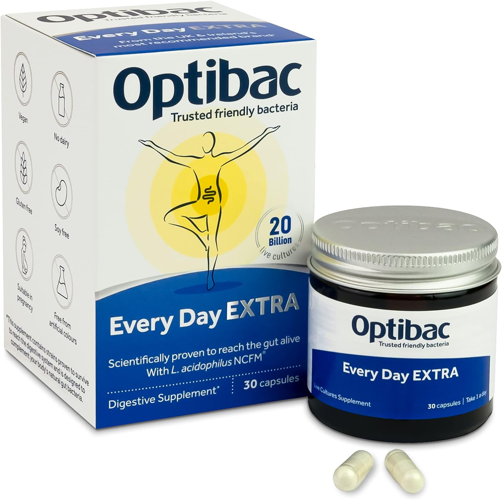 Every Day EXTRA - High Strength Vegan Digestive Probiotic Supplement with 20 Billion Bacterial Cultures - 30 Capsules
