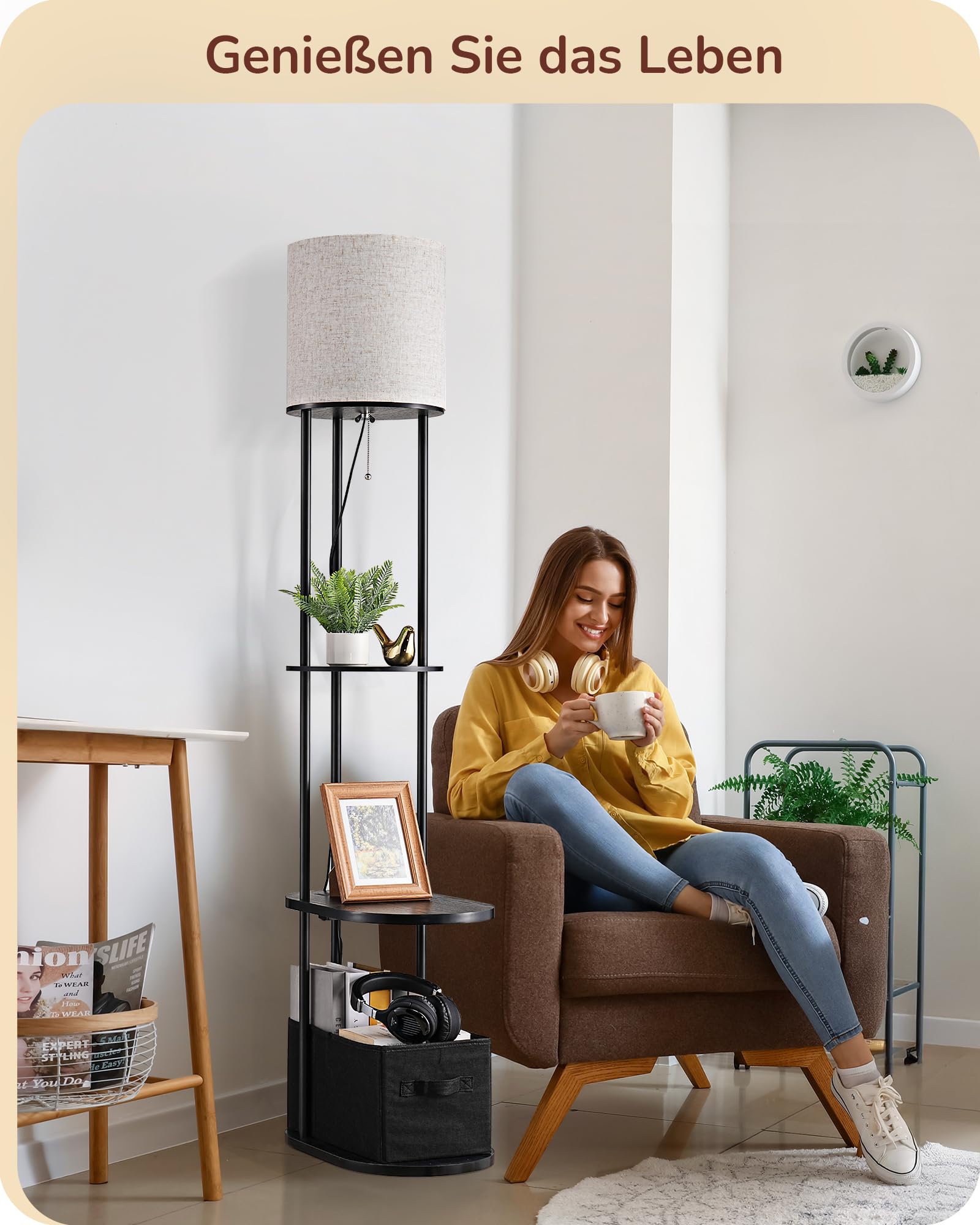 EDISHINE Stehlampe Wohnzimmer, mit Regal, Aufbewahrungskorb & USB-A+C | Inkl. Leuchtmittel, 3 Farbtemperaturen, 165 cm LED-Stehleuchte mit Ladestation, ideal für Schlafzimmer und Büro
