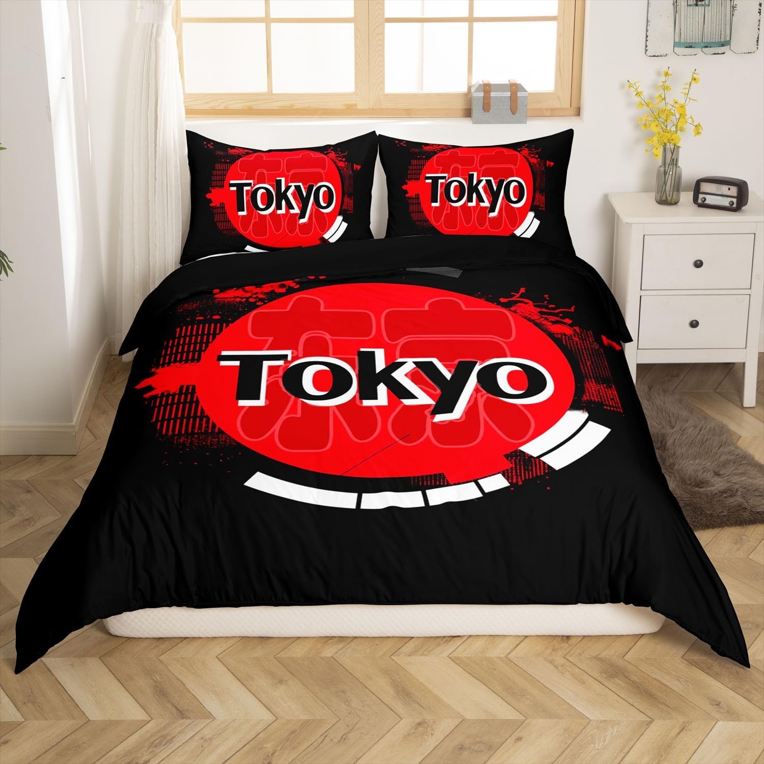 Feelyou Kids Tokyo Bedding Set Full Size Boys Girls Red Sunset Comforter Cover Set Japanese Style Duvet Cover Japan Modern City Black Bedspread Cover (No Comforter)