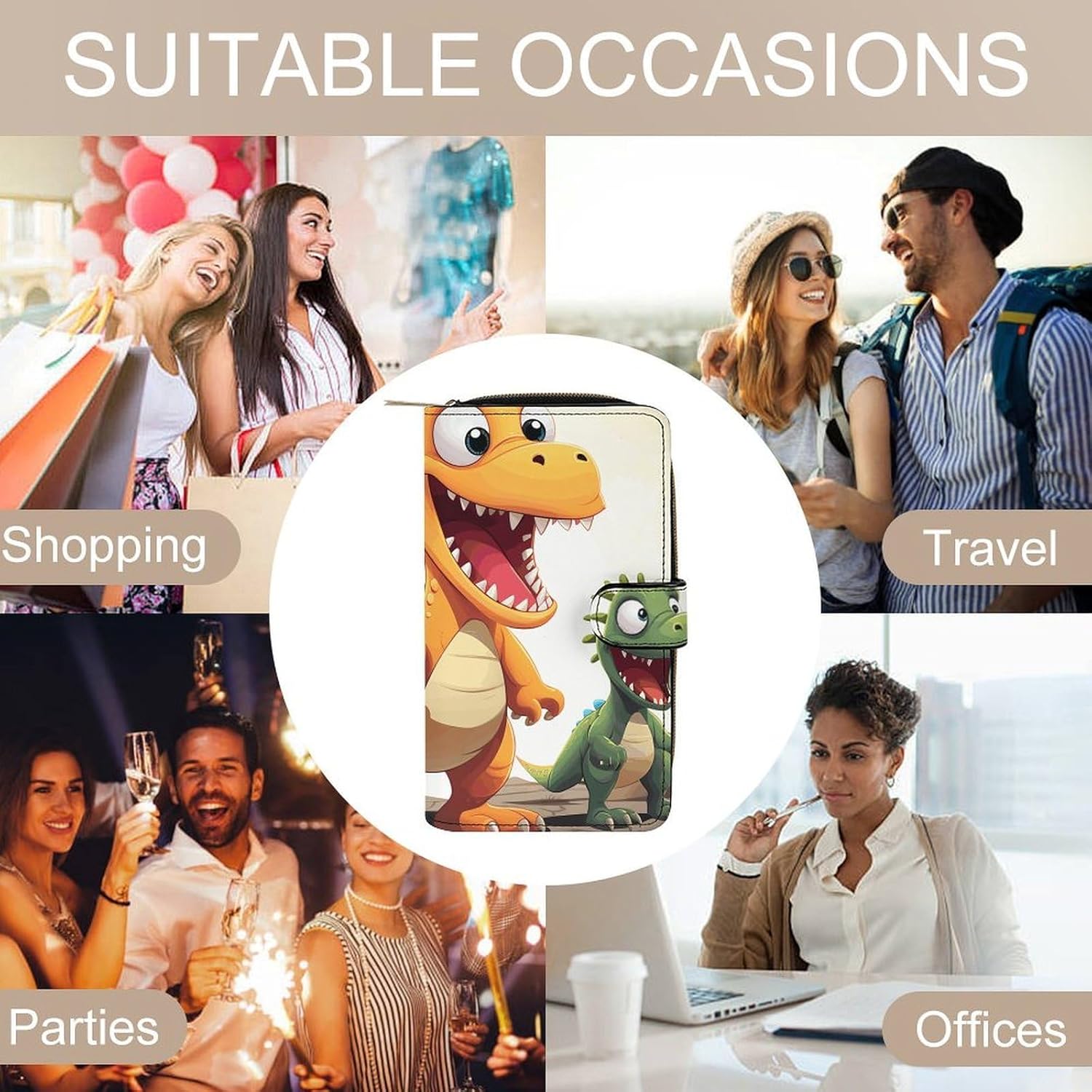 Genuine Leather Multi-Functional Wallet - Compact Card Holder, Cartoon Dinosaur Images Printed Coin Purse & Key Organizer,Perfect for Travel, Work & Daily Use