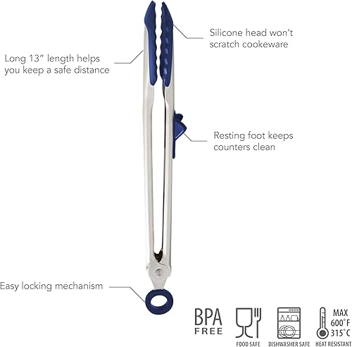 Miniatura 2 de Tovolo Pinzas de cocina de fácil agarre para cocinar con puntas de silicona, mecanismo de bloqueo fácil, utensilios de cocina con pie de descanso,