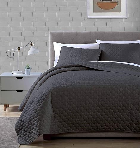 Chezmoi Collection Thea - Juego de edredón de 3 piezas con patrón geométrico de cuadrilábrio, tamaño Queen, gris oscuro
