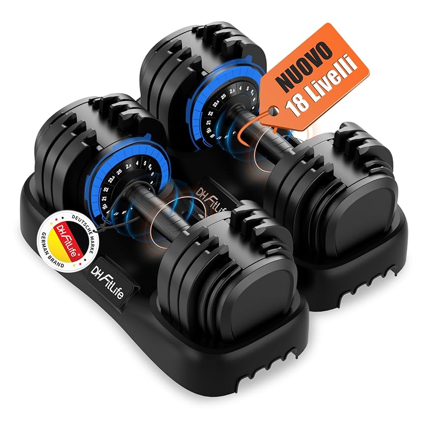 DH FitLife 2026 Nuovo Manubri Regolabili da 2,5 a 25 KG con Base Porta Pesi – Set Manubri Componibili per Uomo e Donna con 18 Pesi in 1, Manubri Regolabili Salvaspazio per Allenamento a Casa (2 Pezzi)