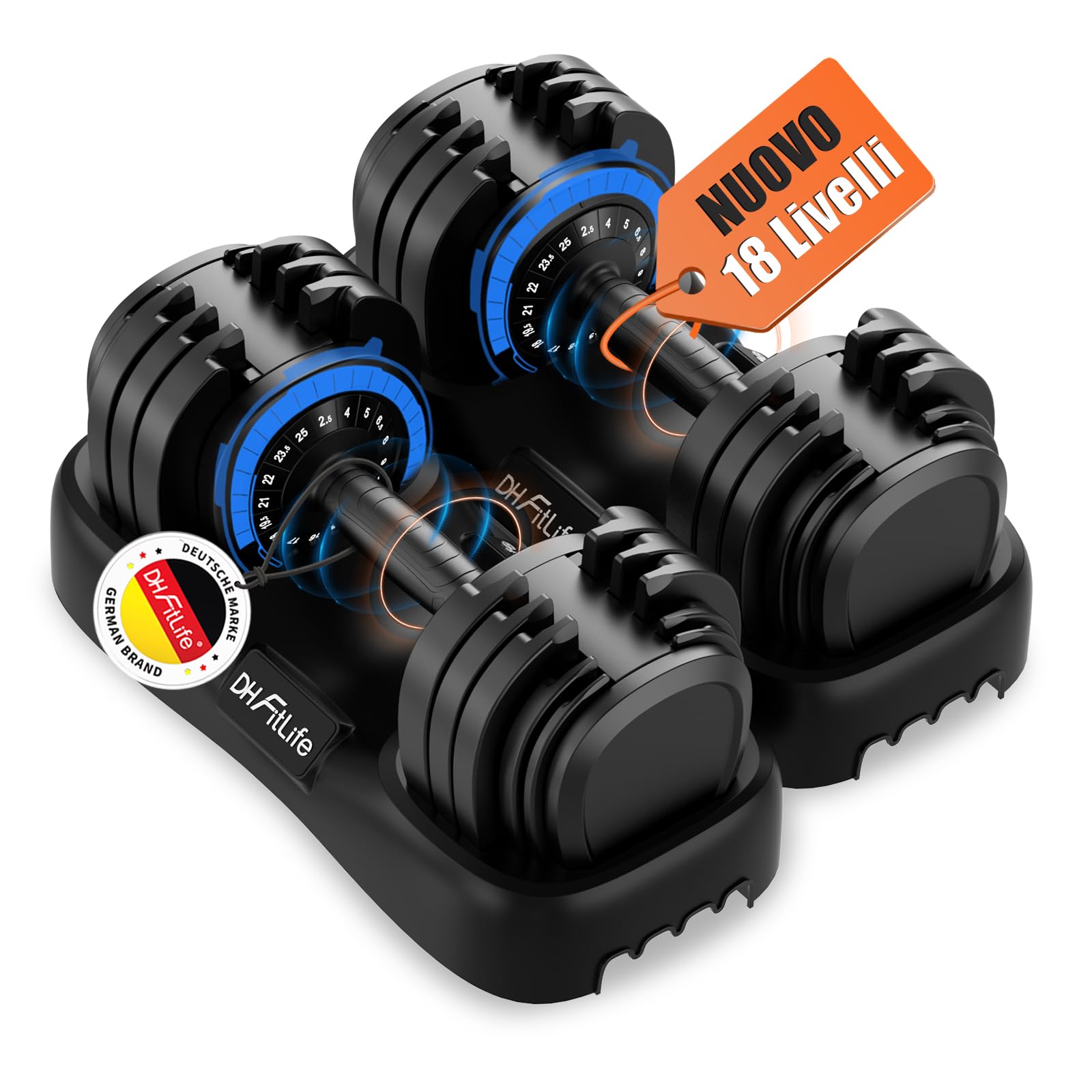 DH FitLife 2026 Nuovo Manubri Regolabili da 2,5 a 25 KG con Base Porta Pesi – Set Manubri Componibili per Uomo e Donna con 18 Pesi in 1, Manubri Regolabili Salvaspazio per Allenamento a Casa