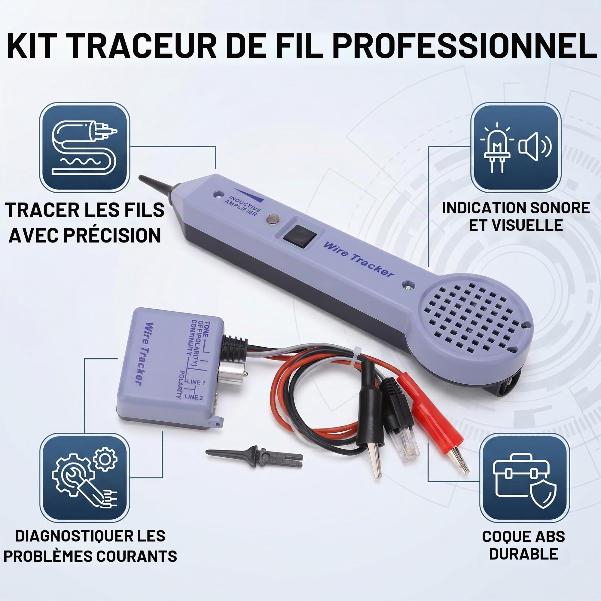 Kit de Testeur de Trace de Câble Réseau, Détecteur de Toner de Câble D'amplificateur de Sens Audio Réglable en Matériau ABS pour la Réparation de Fil