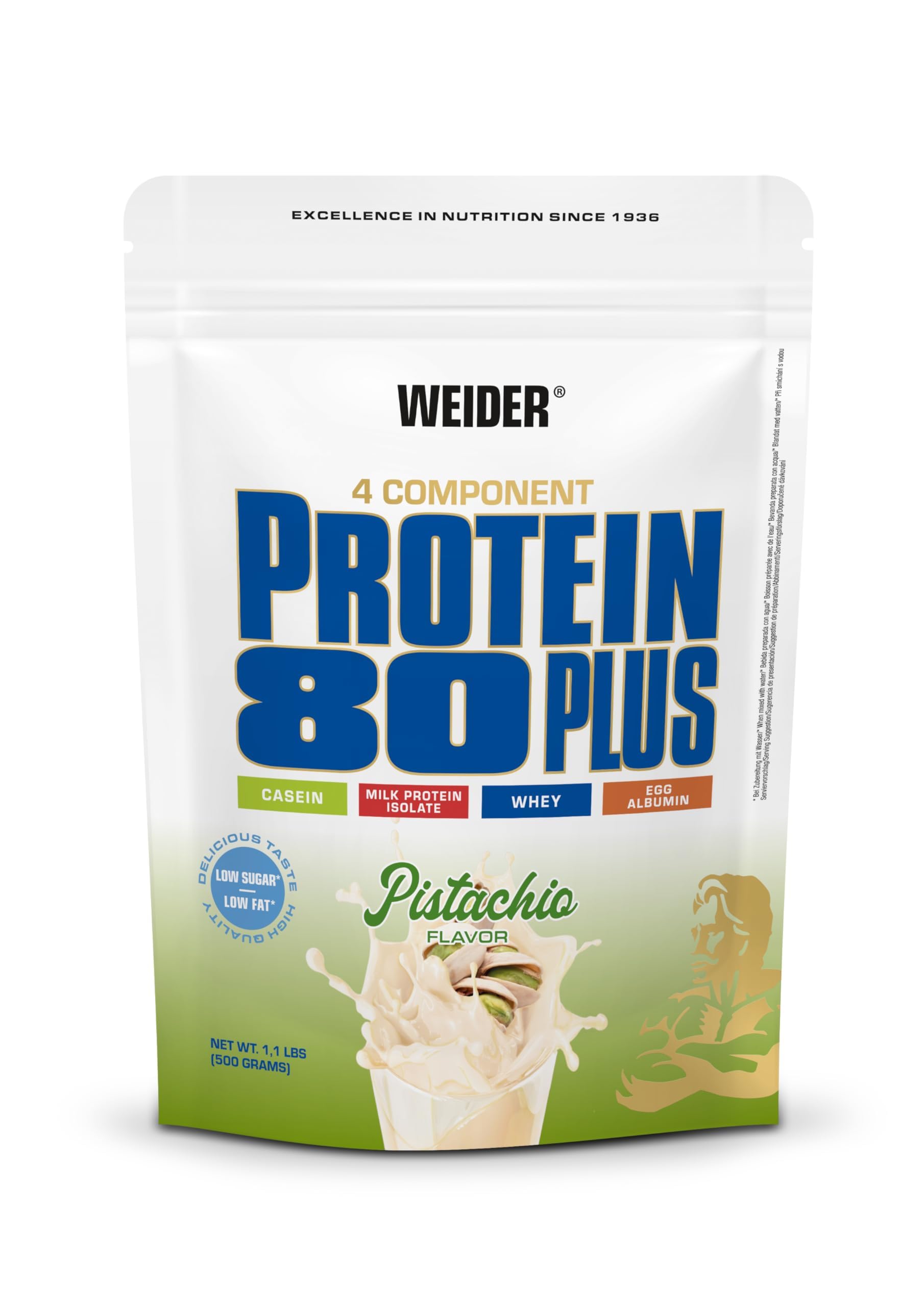 Weider - Protein 80 Plus - Poudre de Protéine à 4 Composants - Teneur Élevée en Protéines avec 80% de Protéines - Shakes Crémeux avec Calcium & Vitamine B6-500g - Pistache