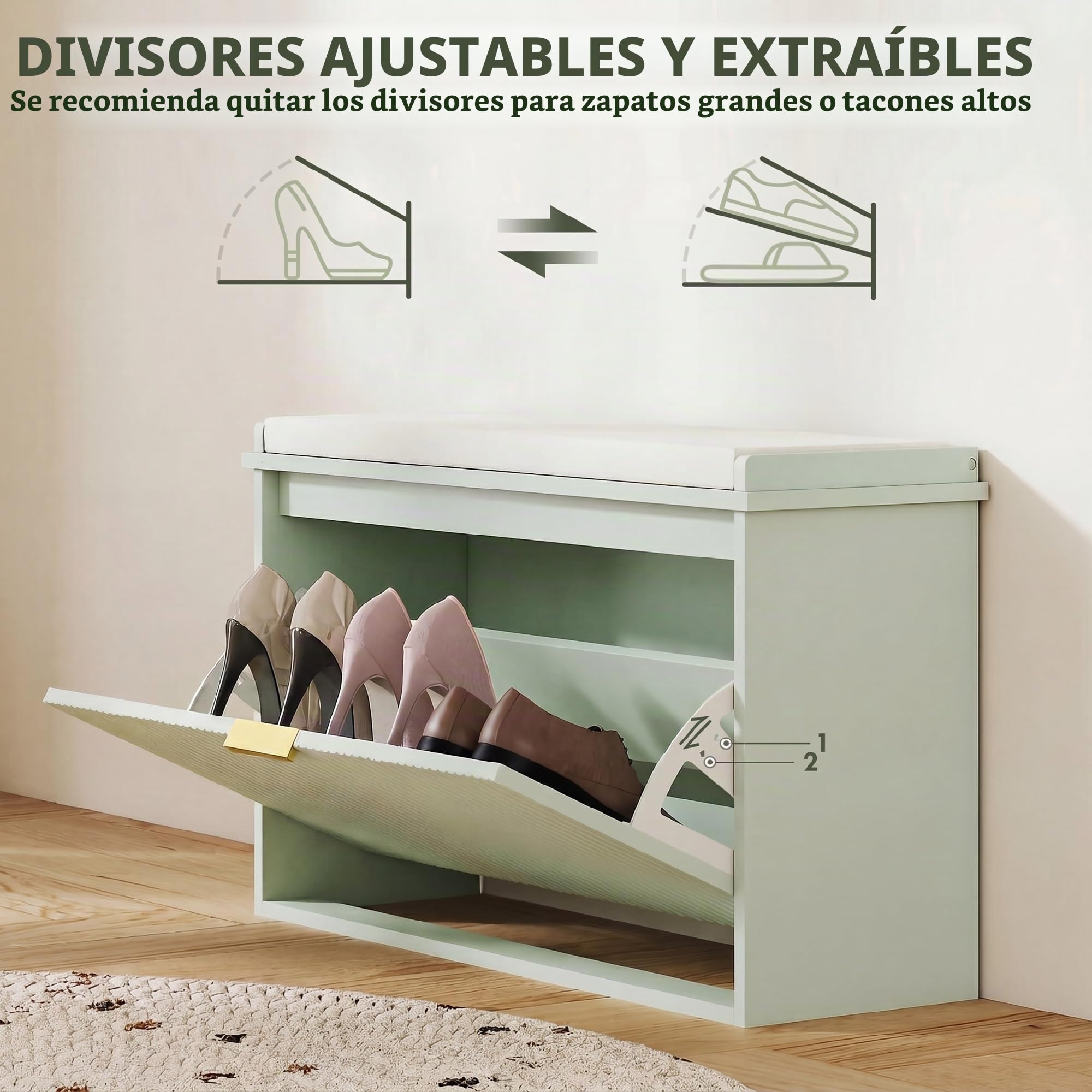 HOMCOM Banco Zapatero Estrecho con Asiento 80x26x47,5cm Verde Claro | Banco Recibidor, Asiento Acolchado, Cajón Abatible, Estante Ajustable, para 8 Pares de Zapatos, para Entrada, Dormitorio