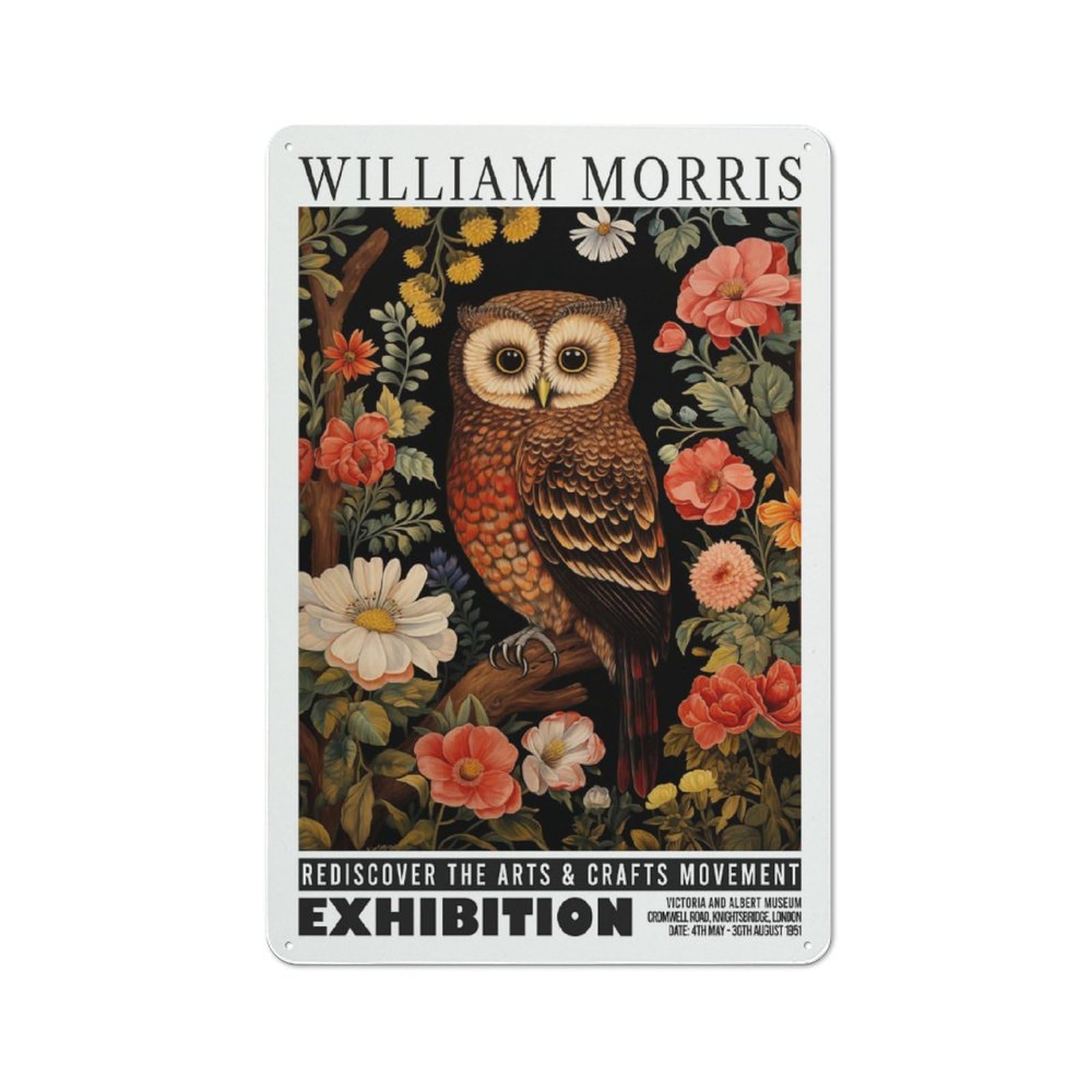 Junmoney Style-13 Vintage Tin Sign 30X20cm With William Morris Owl Floral Exhibition For Garage Or Workshop, For Metal Sign Collectors, For Cafés, Pubs And Restaurants