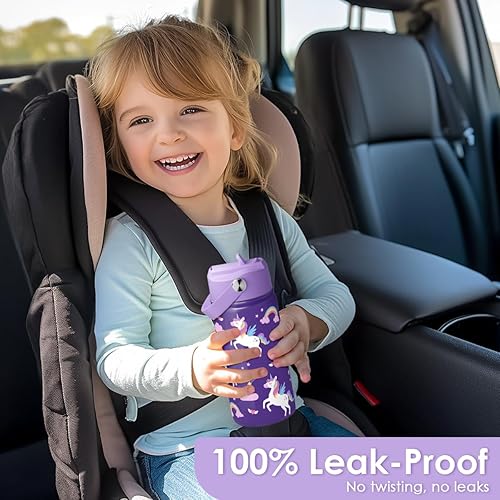 Miniatura 52 de SANDJEST Botella de agua para niños con tapa con pajilla, paquete de 2 botellas de agua aisladas de acero inoxidable de 12 onzas para niñas, taza de