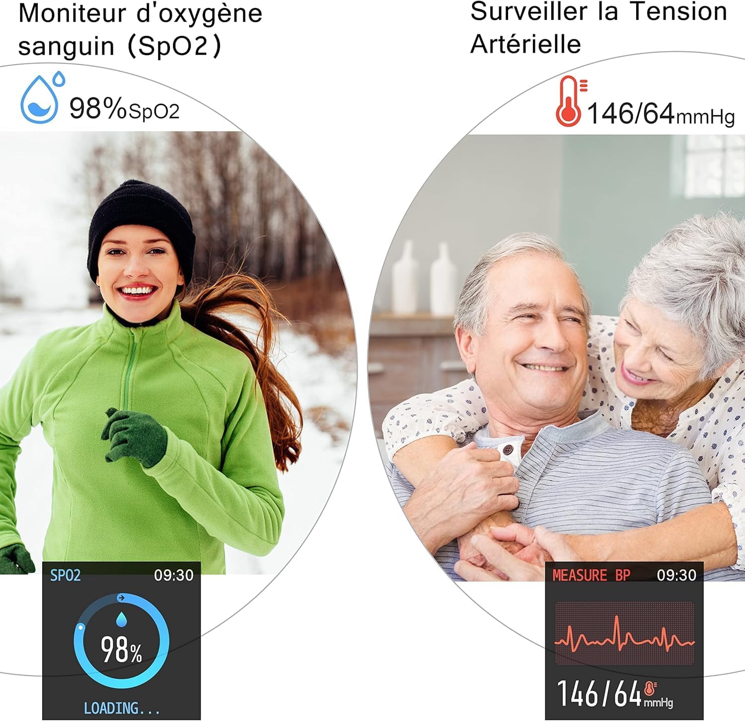 Smartwatch displaying blood oxygen (SpO2) and blood pressure readings