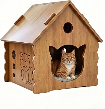 Gable Roof Wooden Cat House, Indoor Outdoor Weatherproof Kitty Shelter, Cartoon Cat Head Breathable Pet Hut Easy Assemble for Small Cats Kittens, Brown