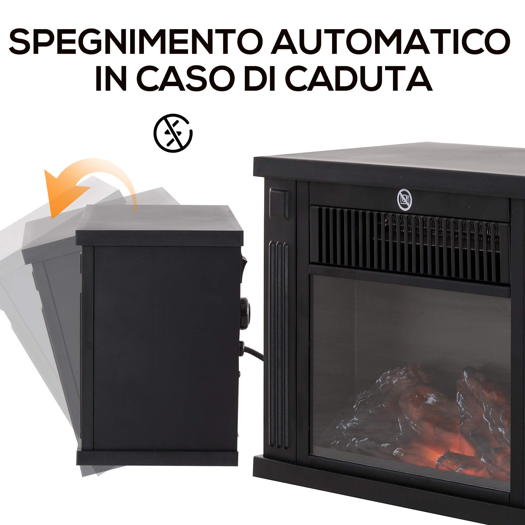 HOMCOM Camino Elettrico da Tavolo con Effetto Fiamma, Caminetto Elettrico da Terra con Potenza Regolabile 600/1200W, Temperatura Regolabile, Copertura 10-15m², Nero