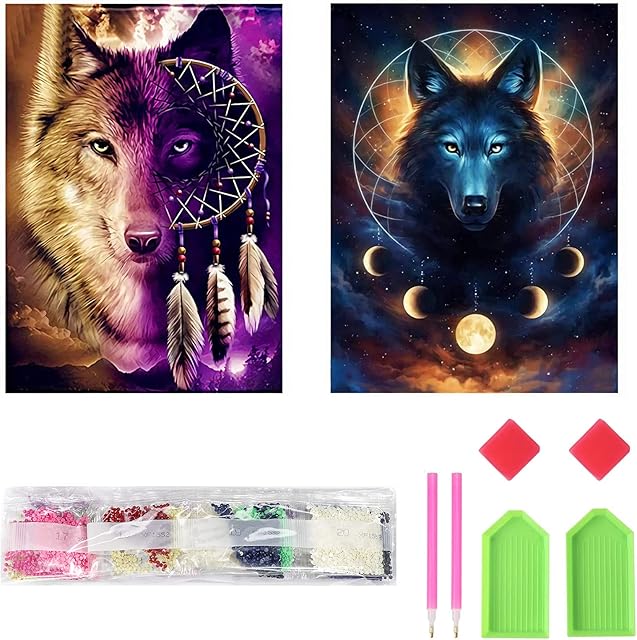 Mupack 2 Pcs DIY 5D Diamond Painting Full Kits,Wolf Crystal Rhinestone Embroidery Pictures for Kids and AdultFull Drill Kit Arts Craft Gift for Home Wall Decor (30x40cm)