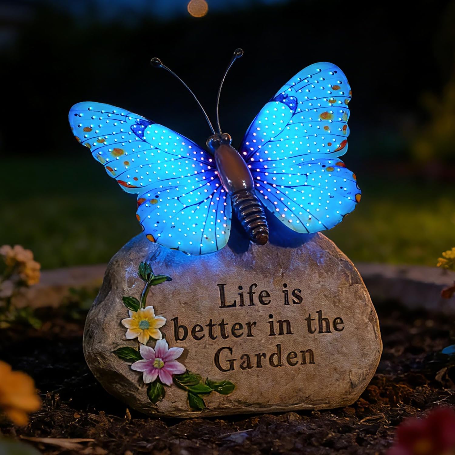 Solar LED Butterfly Garden Statue with Sparkling Light-Up Wings - Outdoor Yard Patio Decor Figurine, for Women Mom Grandma (Blue)