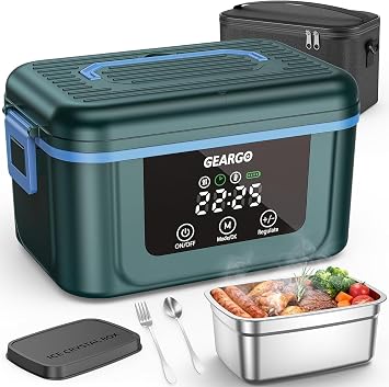 GEARGO 2026 Cordless Electric Lunch Box for Adults, 6.7 Cups & 24000mAh Rechargeable Heated Lunch Box with Ice Crystal Box, 24 Hours Scheduled Self Heating Lunchbox For Men WomenGreen