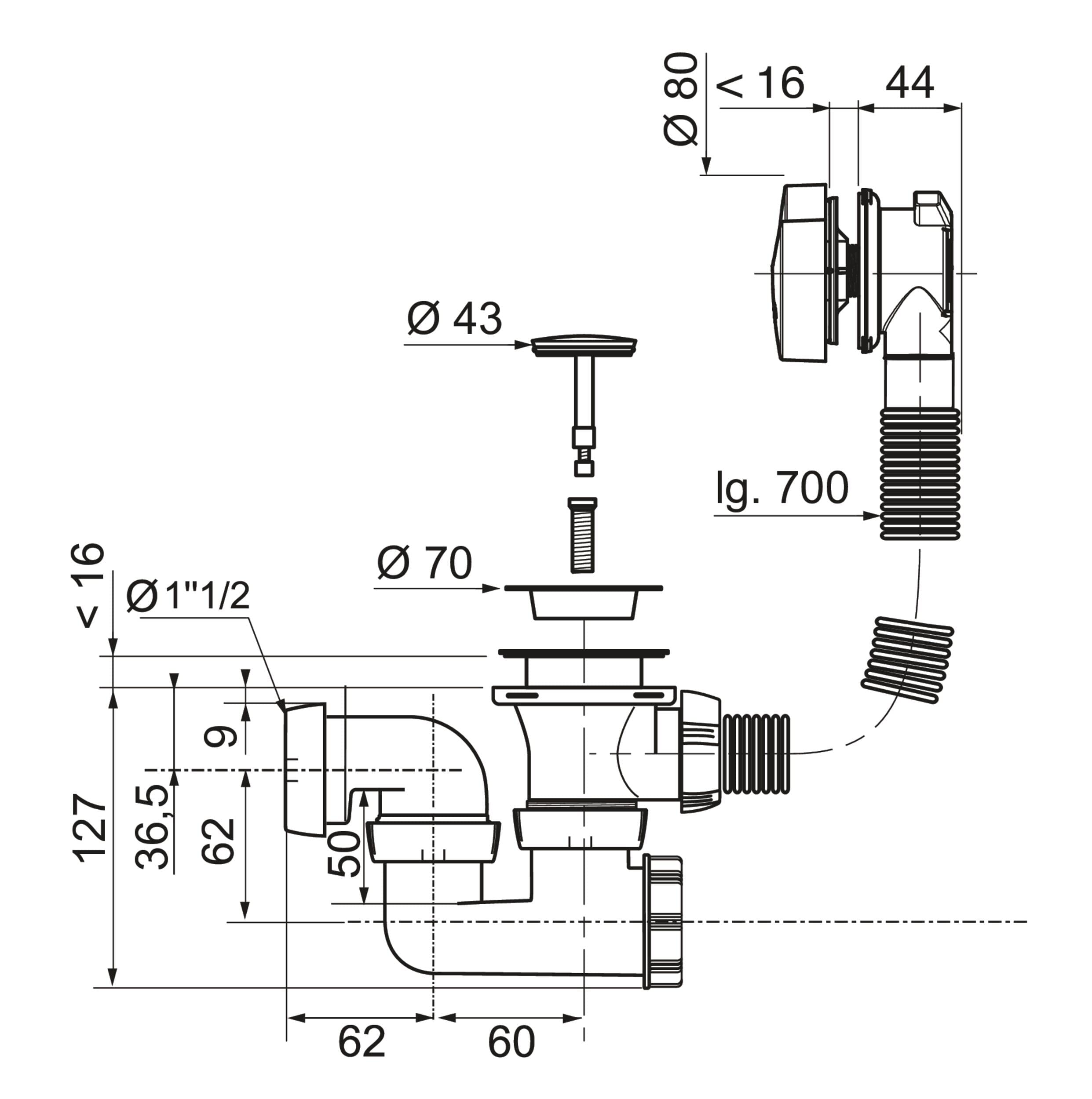 Wirquin SP5603 Colonna di scarico per vasca da bagno con sifone, cromata, bianca (Volant Et Clapet Chromé - Trop-plein Et Siphon Blanc)