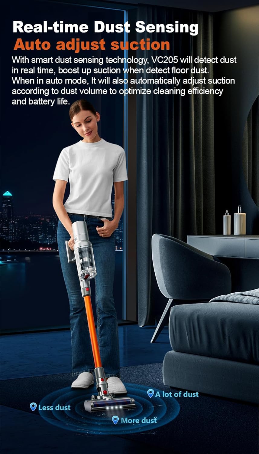 Woman using ABIR VC205 vacuum cleaner with graphic overlay showing real-time dust sensing