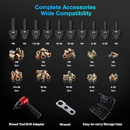 Miniatura 5 de YUZES Kit de tuercas de remache, adaptador de pistola de tuerca de remache compatible con taladro inalámbrico y llave de trinquete, herramienta de