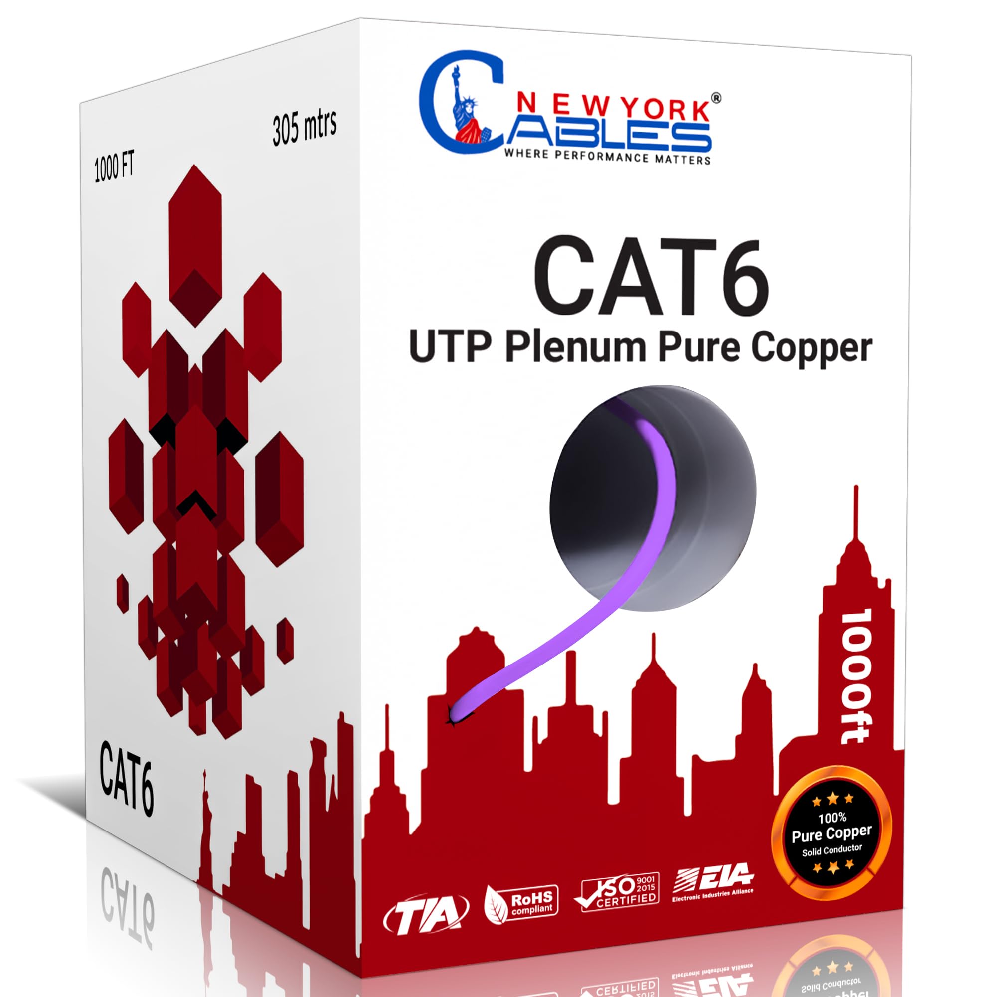 NewYork Cables CAT6 Plenum Cable 1000ft | 100% Solid Bare Copper, UTP, 550MHz, 23AWG, 4Pair 10GB Ethernet Cable, Certified CMP-Rated Bulk Cat 6 for