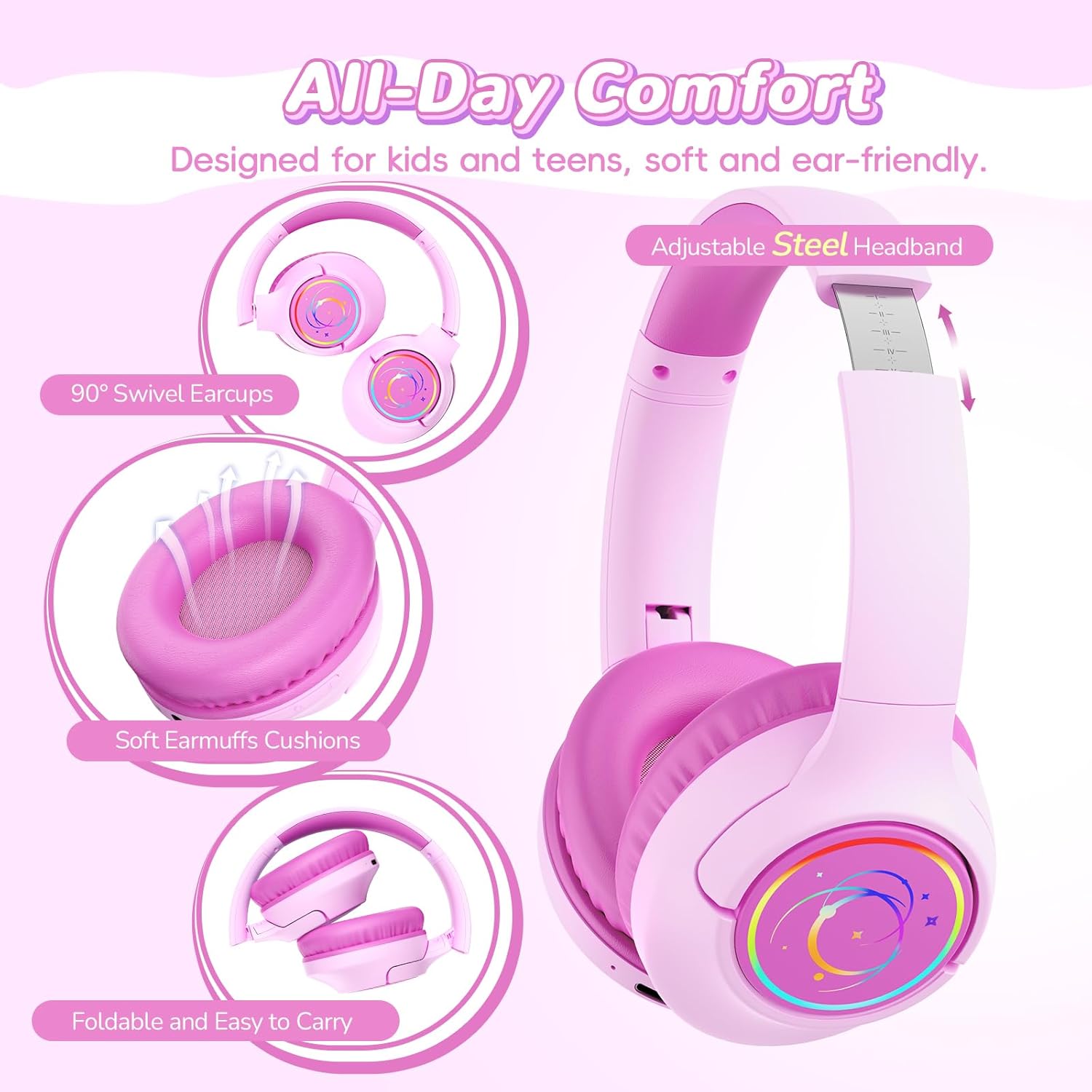 Kids Bluetooth Headphones, 85H Playtime Wireless Headphones for Kids, Colorful LED Lights, 85/94dB Safe Volume Limit, Bluetooth 5.4 Built-in Mic Toddler Headset for Tablet/Airplane (Fuscia Pink)