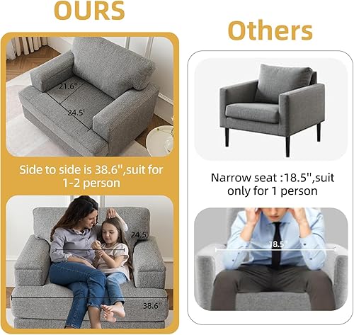 Miniatura 4 de Silla decorativa de gran tamaño con organizador de reposabrazos, cómodas sillas de sala de estar con cojín grueso, sillón tapizado de tela de lino,