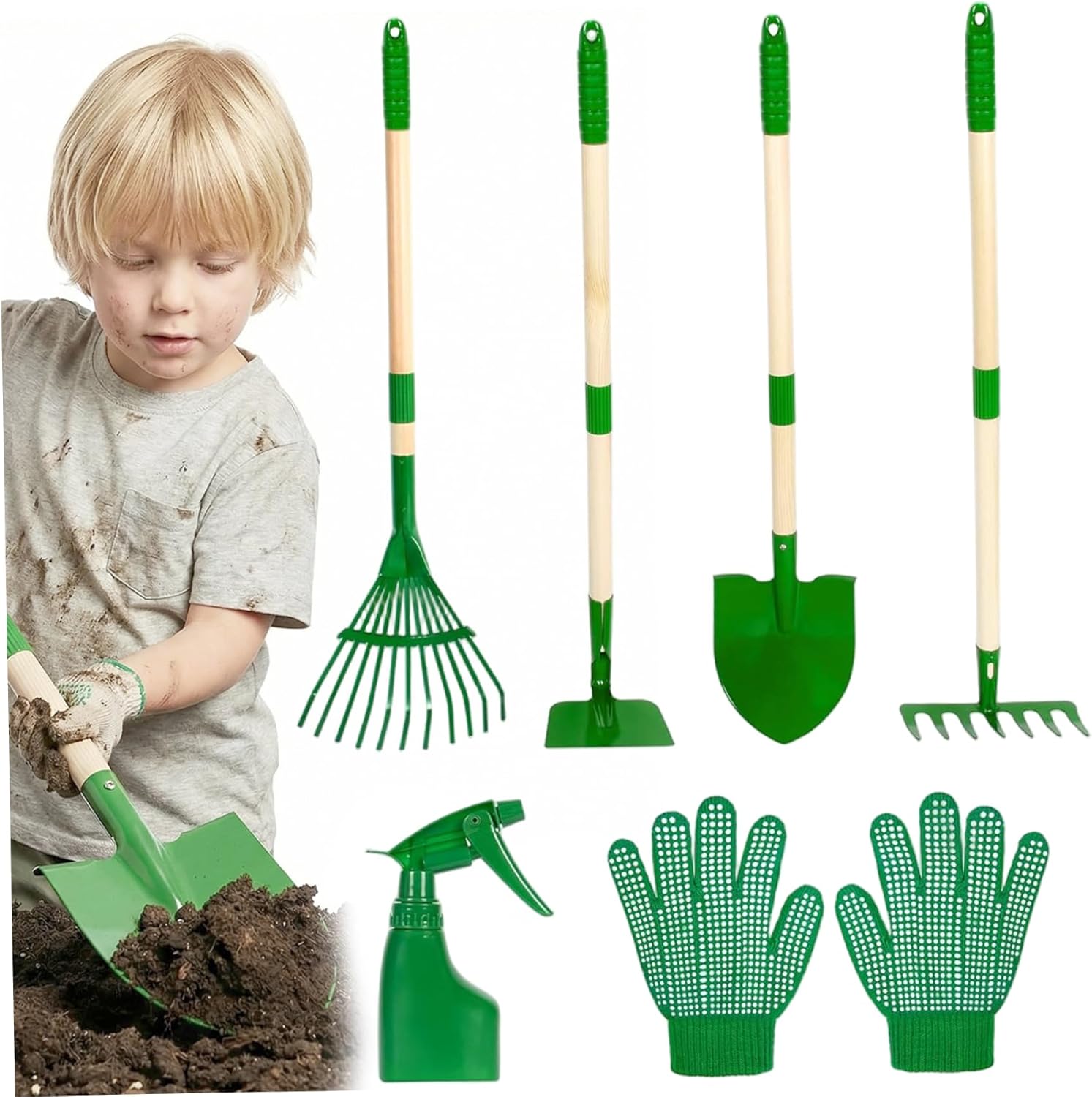 Toddler Gardening Set, 6PCS Toddler Gardening Tools with Shovel & Rake, Green Outdoor Garden Toy Set with Wooden Handle & Metal Heads for Boys & Girls Ages 3+, Kids Tools