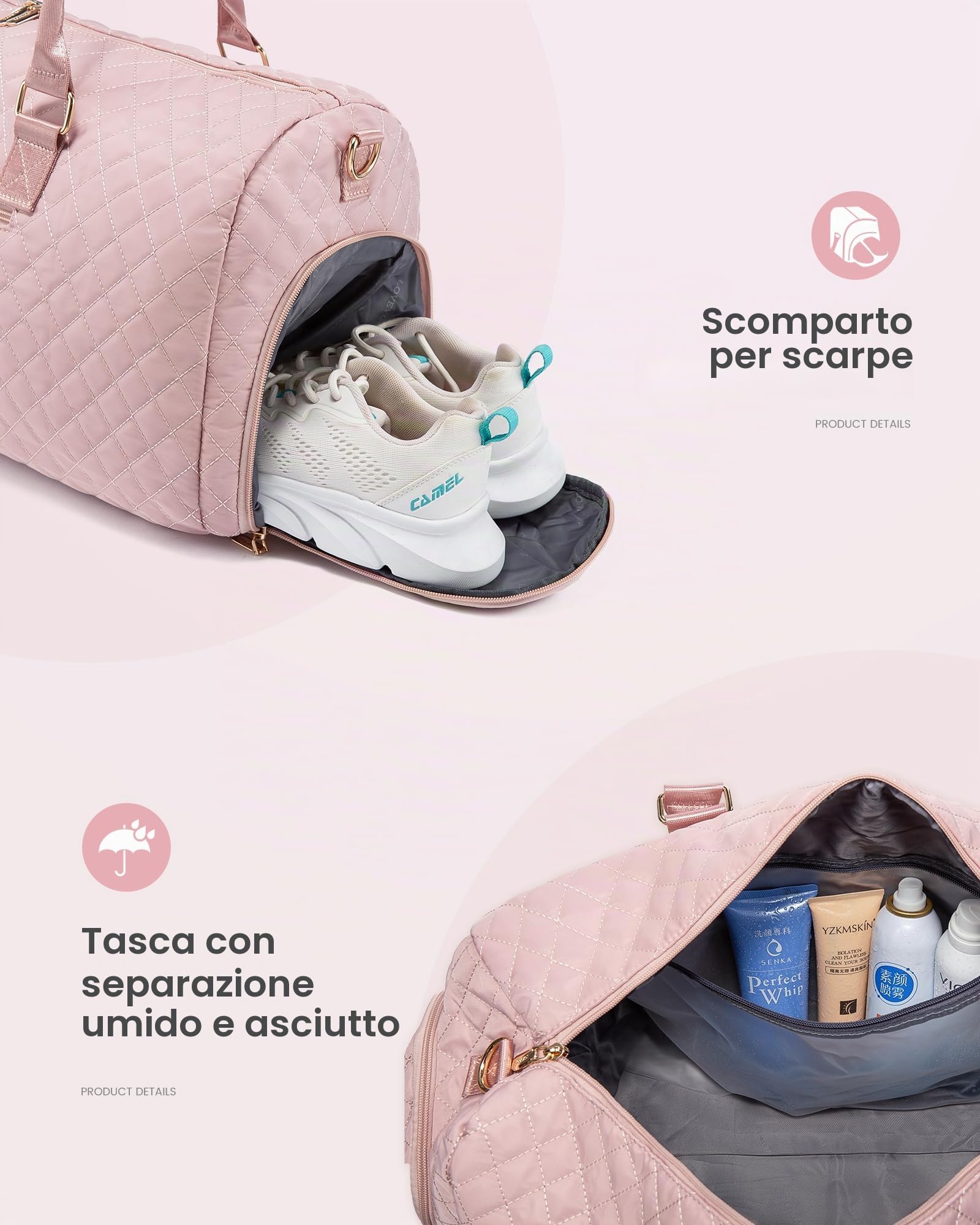 LOVEVOOK Borsone da Viaggio Donna Borsone Palestra con Scomparto per le Scarpe, Grande Borsa Parto Ospedale Mamma Nascita, Impermeabile Borsa Piscina Sportiva, Travel Weekender Gym Bag Rosa