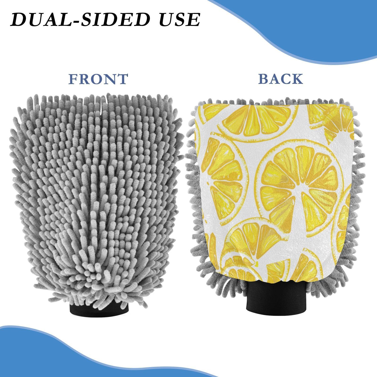 ALAZA Lemon Slices Car Wash Mitt Scratch Free, 2 Pack Absorbent Microfiber/Chenille Washing & Drying Mitts, L