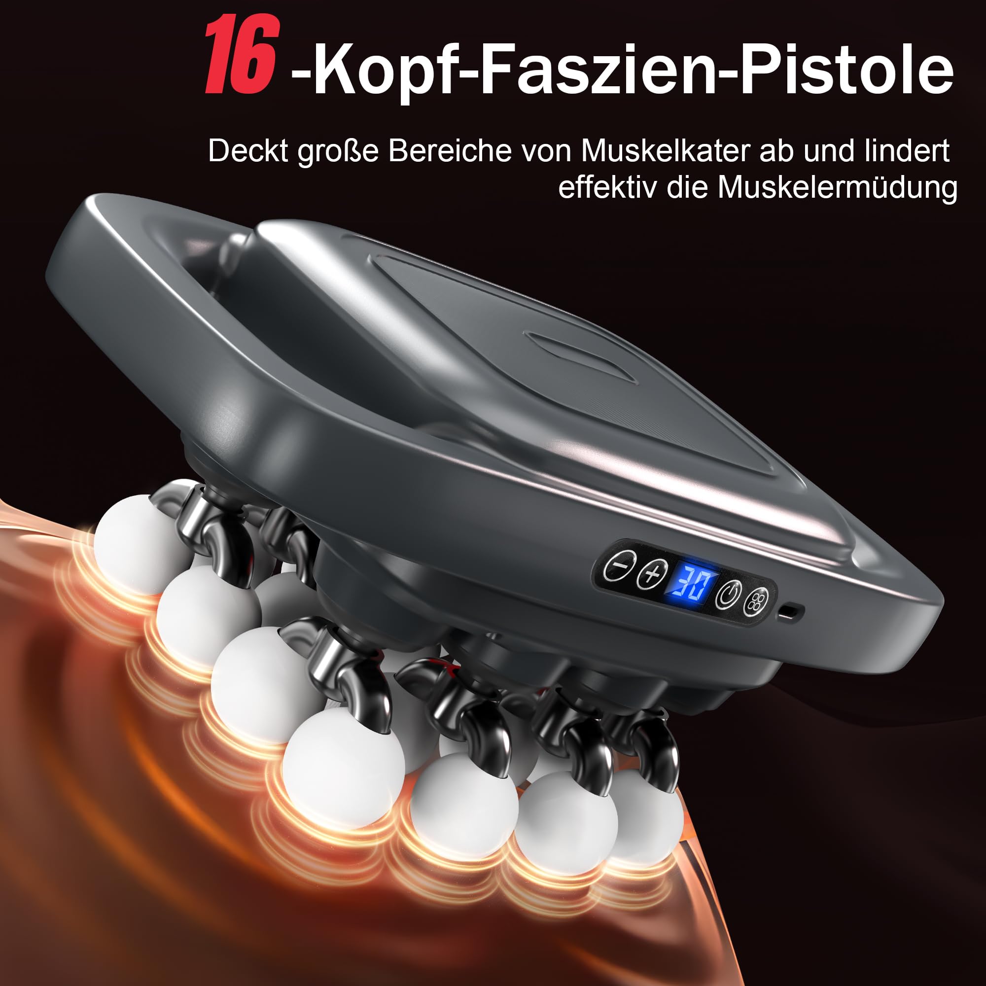16-Kopf Massagepistole, 3 Massagemodi mit Rotlicht | 30 einstellbare Geschwindigkeiten, zur Linderung von Muskelverspannungen und Müdigkeit für Rücken, Taille, Oberschenkel