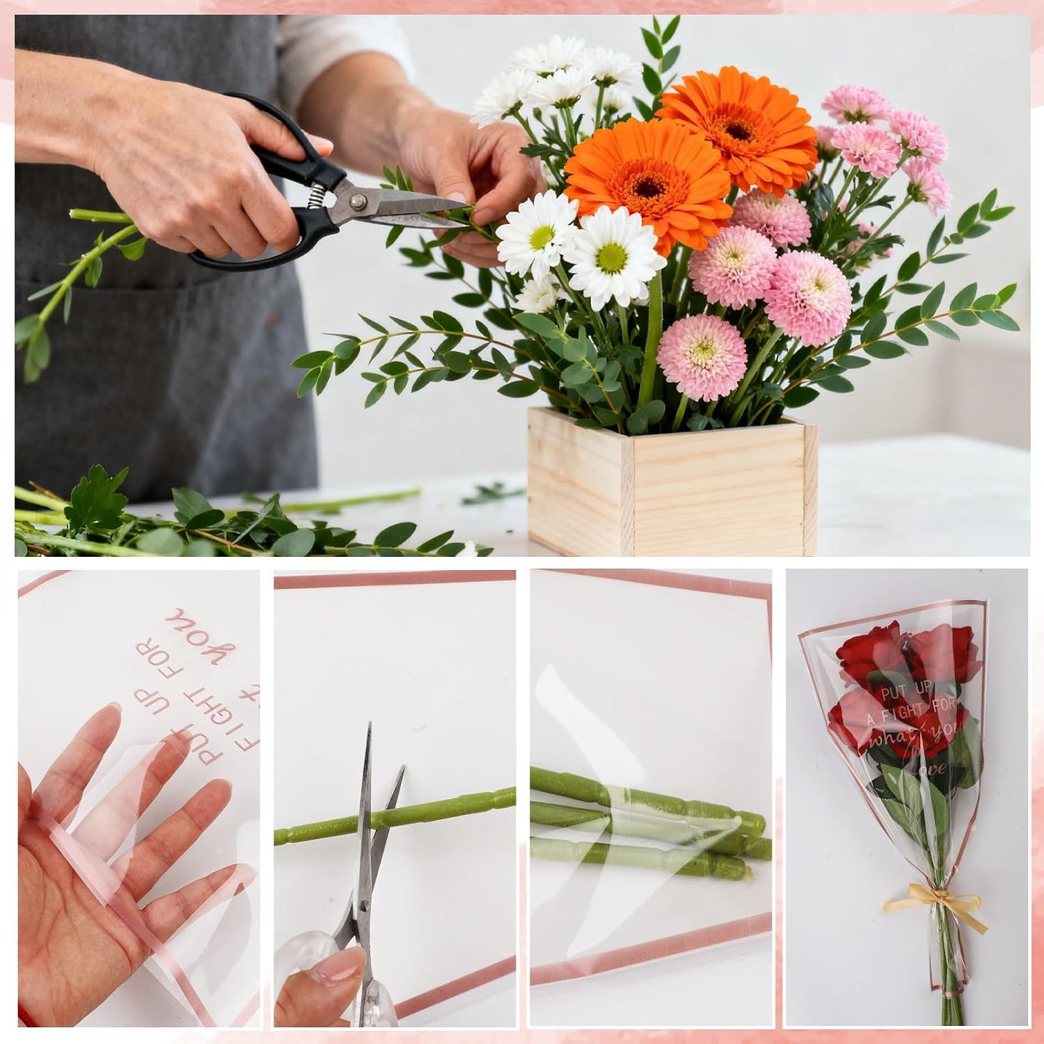 50Pcs Flower Bags for Bouquets, 17x11x3.5 Inches Floral Wrapping Bags, Floral Wraps Plastic Flower Sleeves for Mothers Day Birthday Wedding Thanks Giving Graduation Valentine, Florist Wrap Supply, White with Words