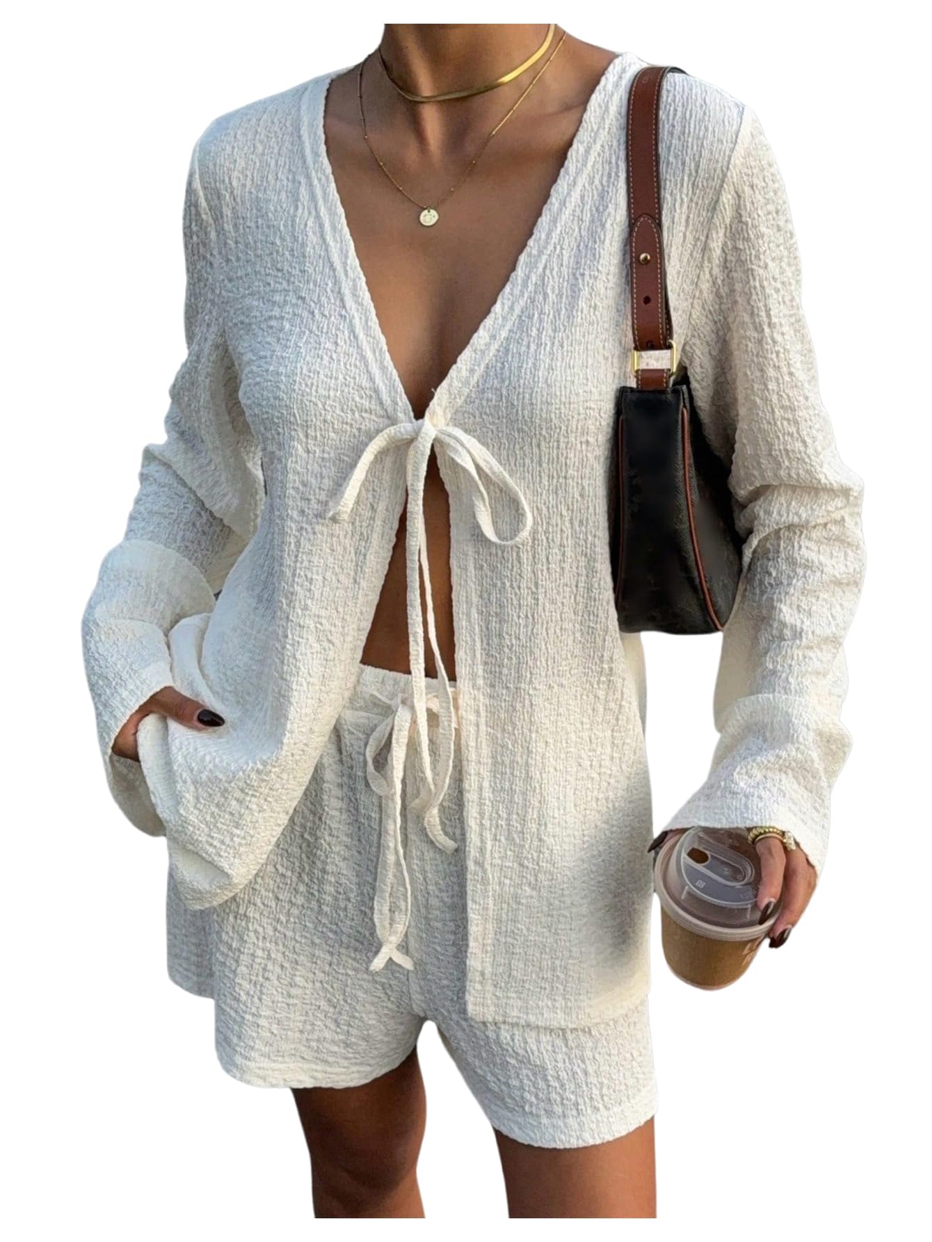 RoseSeek Women's 2 Piece Outfits Tie Front V Neck Long Sleeve Blouses Tops and Mini Shorts Clothing Set