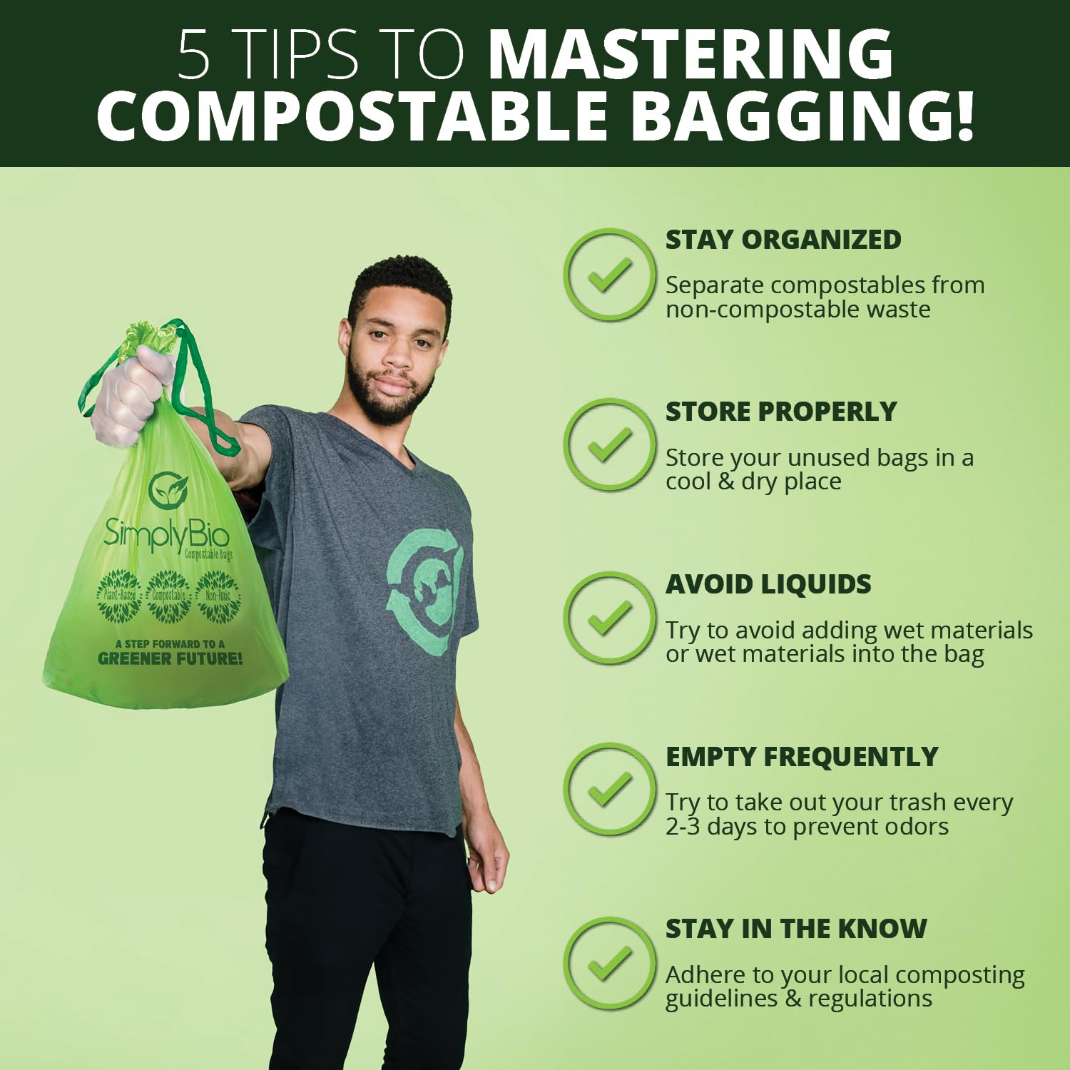 Bolsas de basura compostables con cordón, ecológicas, resistentes (50 unidades)