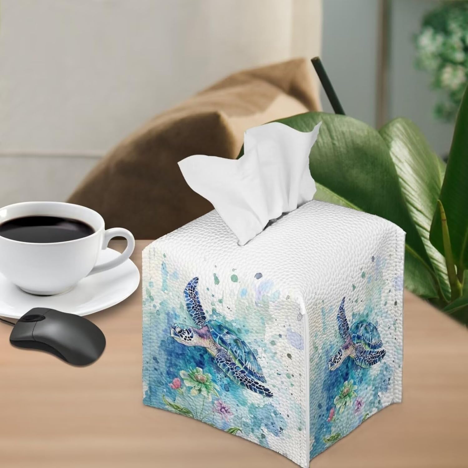 ZOUTAIRONG Sea Turtle Lotus Tissue Holder Square Kleenex Tissue Box Cover Napkin Dispenser for Home Office Restaurant Tissues Cover Car Decor Tissue Cube Box Cover Organizer Dispenser image 4