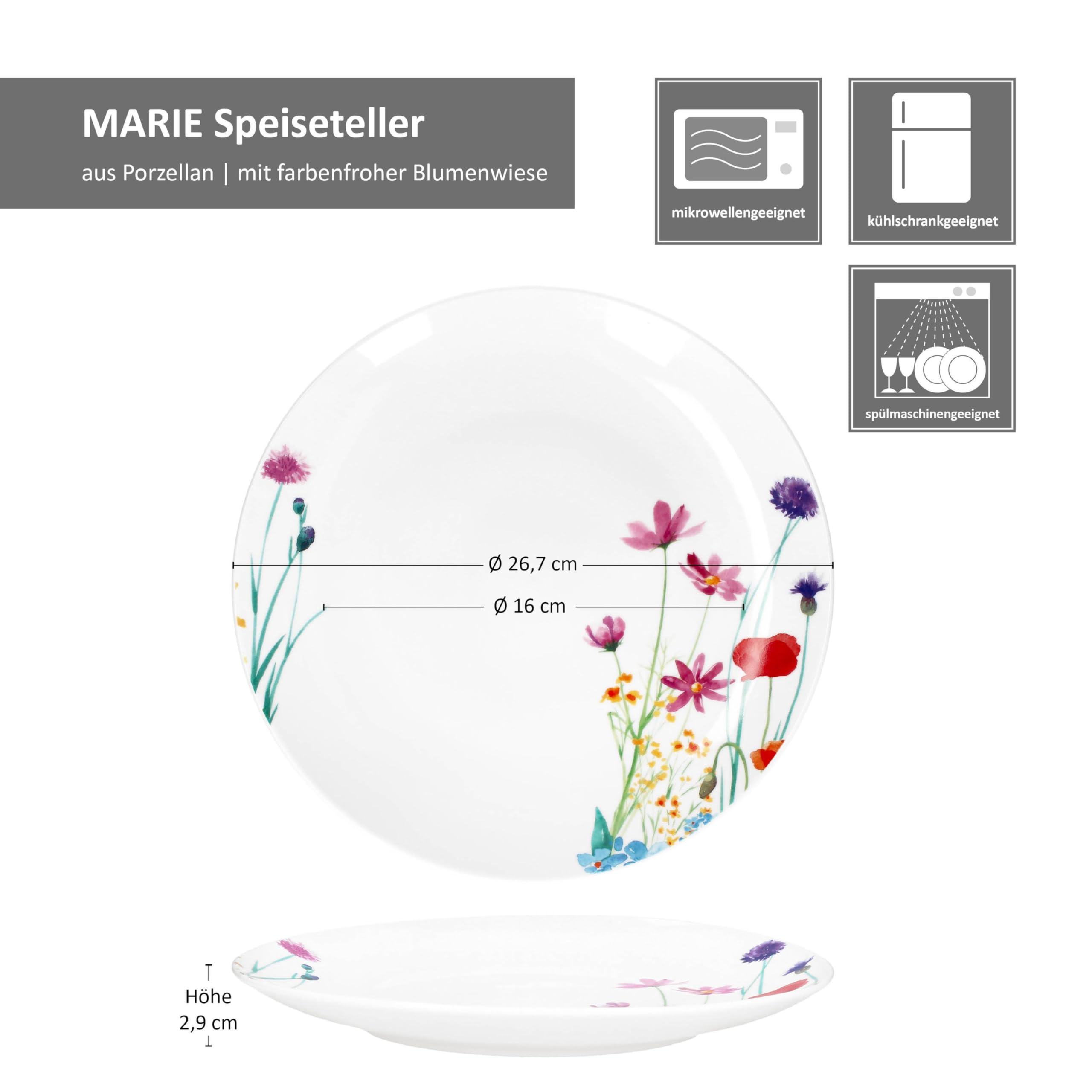 MamboCat Marie 6-częściowy zestaw talerzy obiadowych, Ø 26,7 cm, porcelana, dekoracja łąki kwiatowej, dla 6 osób, duże talerze główne do grillowania
