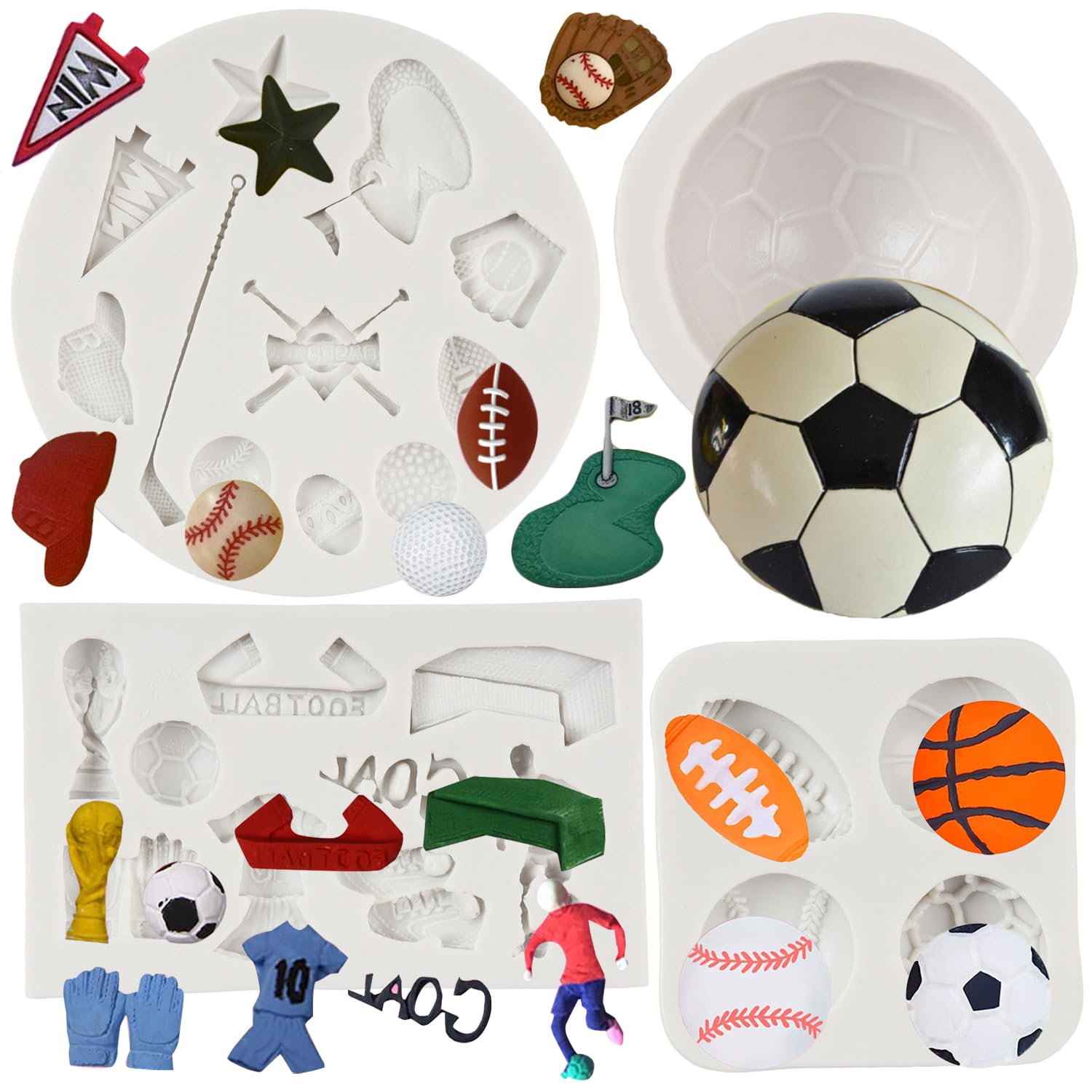 MYRACS - Set Di 5 Stampi In Silicone Per Palline Da Calcio, Basket, Rugby, Tennis, Fondente, Scarpe Sportive, Per Decorare Torte, Cupcake, Caramelle, Cioccolato, Pasta Di Fiori, Polimeri