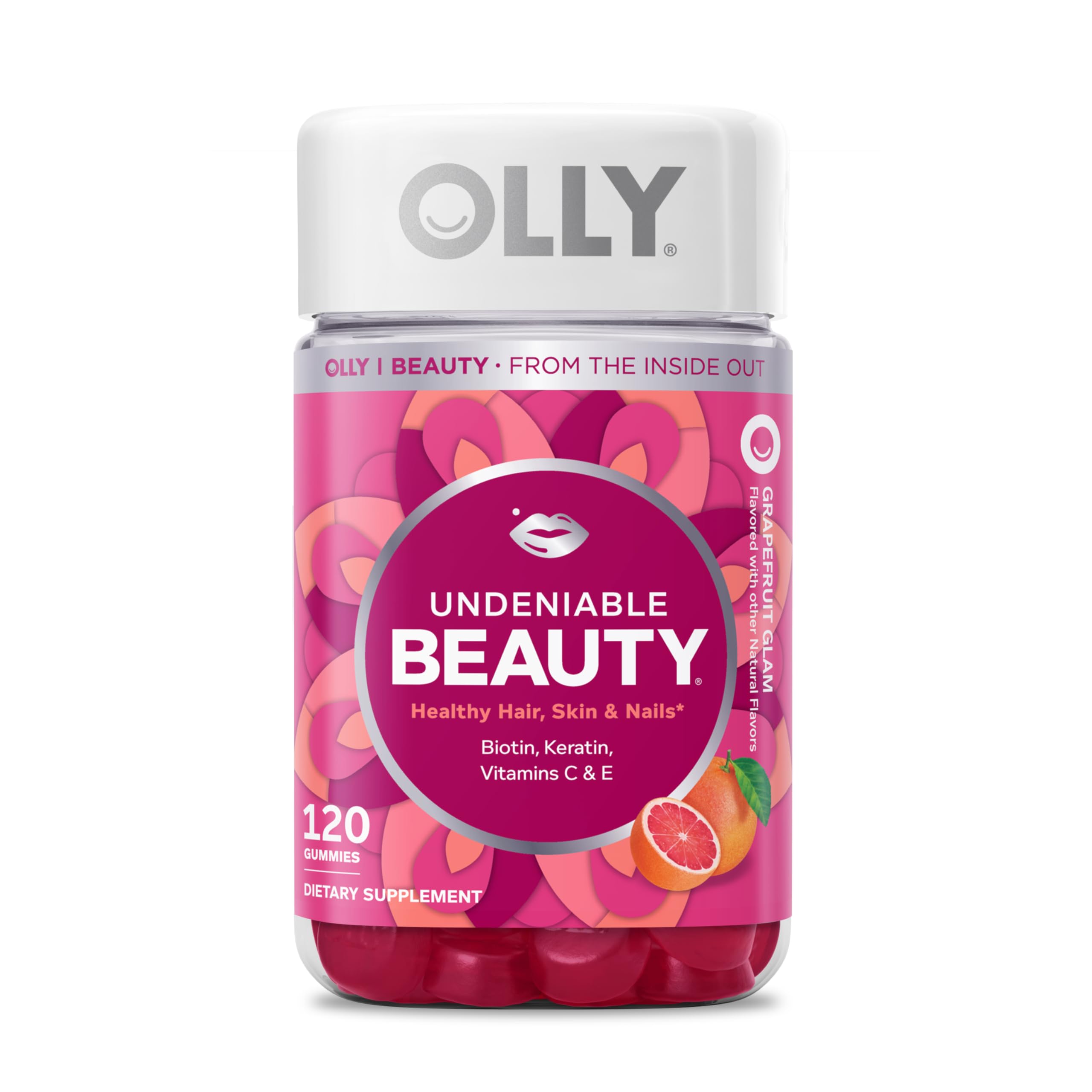 OLLY Undeniable Beauty Gummy, for Healthy Hair, Skin & Nails,* Biotin, Vitamins C & E, Keratin, Chewable Supplement, Grapefruit Flavored, 60 Day Supply - 120 Count