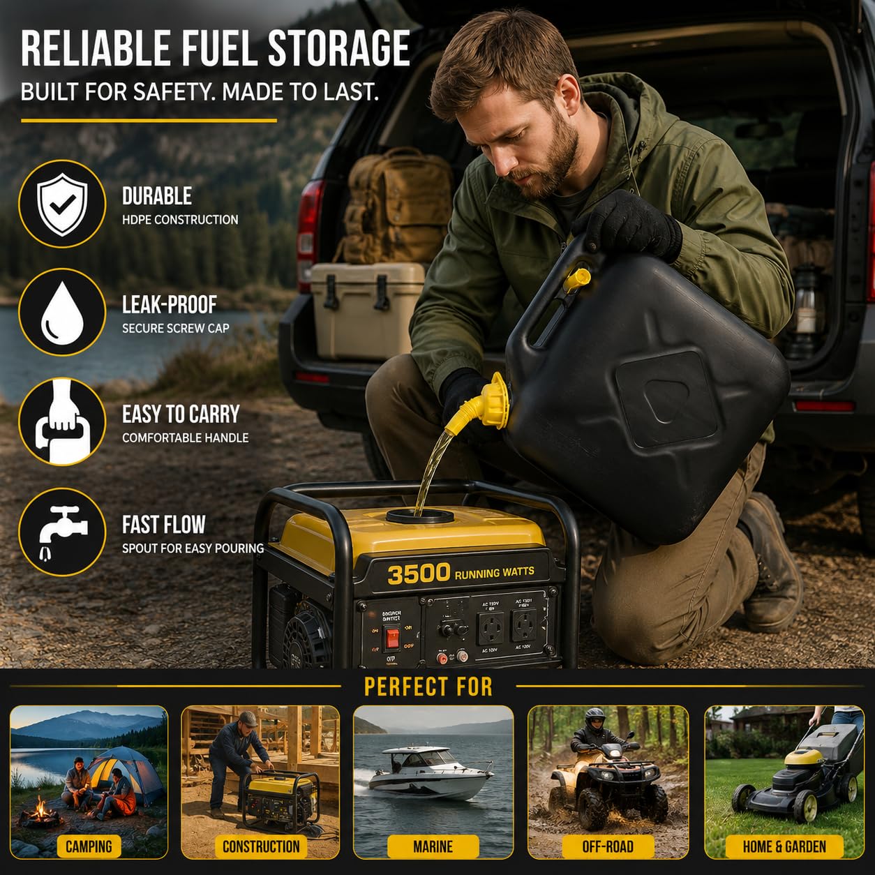 10L Kraftstoffkanister aus Kunststoff mit flexiblem Ausgießer | HDPE Benzin & Diesel Kraftstoffbehälter | auslaufsicherer schwarzer Kanister für Auto, Motorrad, Generator & Gartengeräte